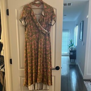 Modcloth Pink and Green Flutter Sleeve Sundress